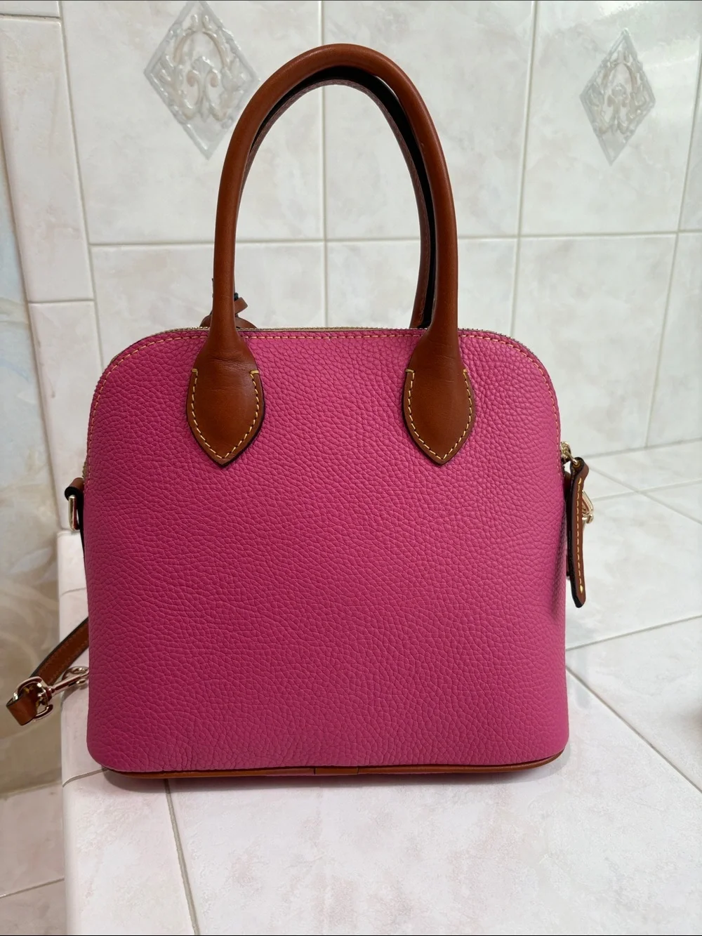 Dooney & Bourke Hot Pink Pebbled Grain Leather Domed Satchel with Brown Trimk